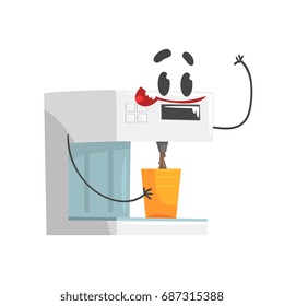 Funny coffee machine character with smiling face, humanized home electrical equipment vector Illustration