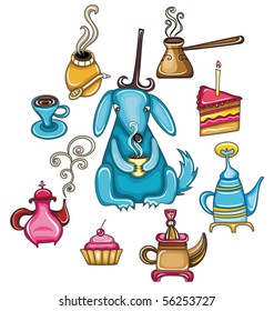 Funny, coffee, mate, tea, set with cute dog