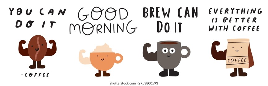 Funny Coffee Mugs Set. Smiling Characters Showing Biceps with Hilarious Quotes. Colorful Flat Vector Illustration
