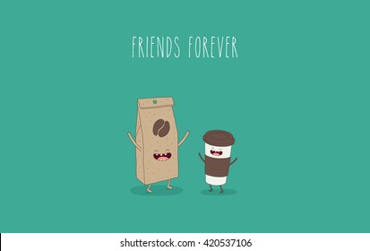Funny coffee paper bag and coffee take away. Friend forever. Vector illustration. Comic character. You can use in the menu, in the shop, in the bar, the card or stickers. Easy to edit.
