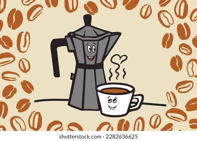 Funny Coffee poster.  Coffee maker and cup love. Line vector illustration for poster, coffee shop design. 