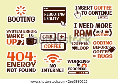 Funny IT and Coffee Quotes Stickers Set in Modern Flat Style