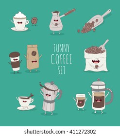 Funny coffee set. Friend forever. Vector illustration. Comic character. Use for card, poster, banner, web design and print on t-shirt. Easy to edit.