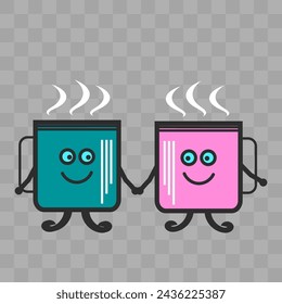 Funny coffee or tea cups with eyes. coffee glasses, coffee pot for design. Vector illustration. Eps 10