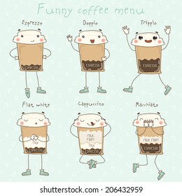 Funny coffee vector icon set menu. Eps 10
