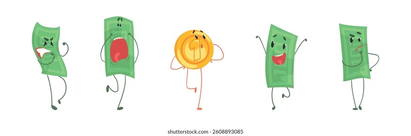 Funny Coin and Banknote Humanized Character with Arm and Legs Vector Set
