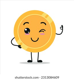 funny coin cartoon blink eyes and say okay with hand. medal activity vector illustration flat design.