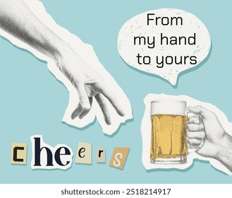 Lustige Collage im Retro-Stil. Eine Hand, die greift und eine Hand, die ein Bier teilt. Von meiner Hand zu deiner. Vintage-Fotokopie-Effekt. Perfekt für Social Media, Poster oder Einladungen.