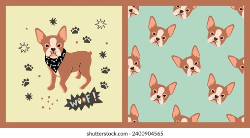 Funny collection with cartoon  Boston Terrier doggy in pastel colors.Print with cute pet,lettering Woof, paw,stars and dots.Seamless pattern with dog head.Nursery decor for kids.Vector  illustration.