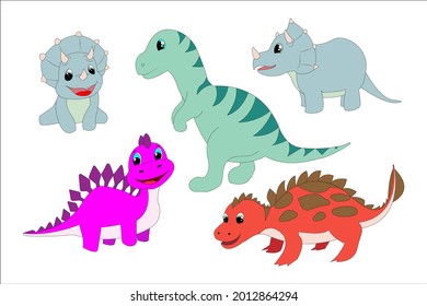 Funny collection of cartoon dinosaurs isolated on white background. Vector illustration.