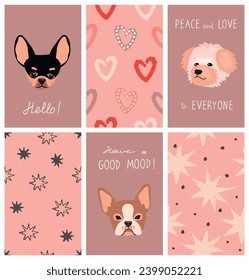 Funny collection with cartoon dog cards and hand drawn seamless pattern with rough stars and hearts .Animal  posters with cute pets and lettering.Set of prints on fabric and paper.Vector illustration.