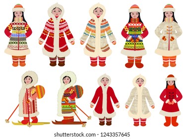 funny collection cartoon illustrations of girls in ethnic costumes of northern peoples