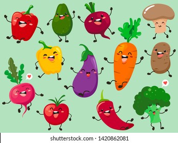 Funny collection of cartoon plant characters. Vector vegetable isolates.