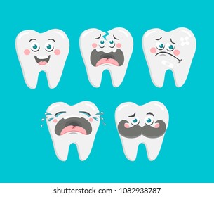Funny collection of cartoon teeth. Vector set for dentist.