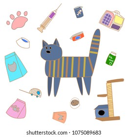 Funny collection of cute doodle cat with items of care, treatment, food, toys. Illustration set. isolated on white.