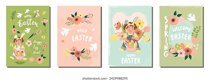 Funny collection of Easter greeting card with little girl.Cartoon backgrounds with cute baby in bunny ears,hand lettering,decorated egg,birds and spring flowers.Hand drawn poster set for Easter day.