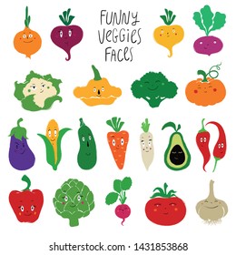 Funny collection of flat colorful vegetables with faces. kids concept. Isolated vector icons.
