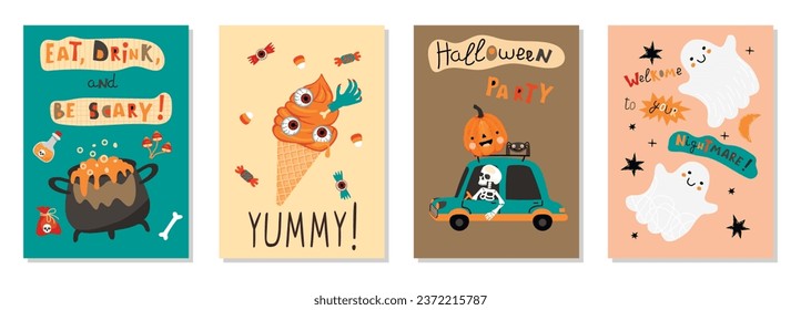 Funny collection Halloween card with hand written text and cute characters.Cartoon pumpkin,spider,ghosts and skeleton driving a car,potion and ice cream.Halloween Party hand drawn poster set in vector