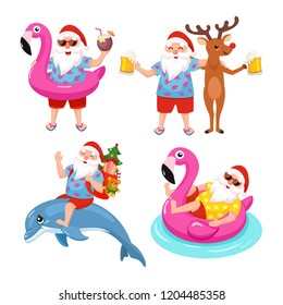 Funny Collection Of Images With Santa, Deer, Dolphin And Flamingo Inflatable Ring. Tropical Christmas. Vector Illustration.