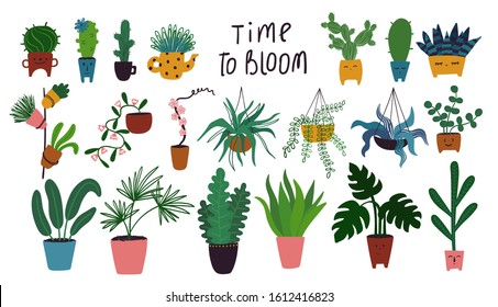 Funny collection of isolated houseplant icons. Vector illustration with different indoor plants.