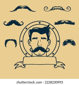 Funny collection with mustache. Father's day. Cute vector set in flat cartoon style. For your design, barber sho design posters, textile, wedding invitation. Vector illustration.