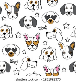 Funny collection pictures pattern of different dogs. Set of cute little dogs