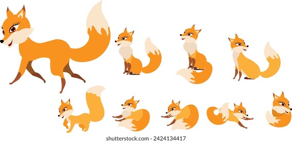 Funny collection of red foxes in different poses. Emotional little animal. Cartoon animal character design. Flat vector illustration