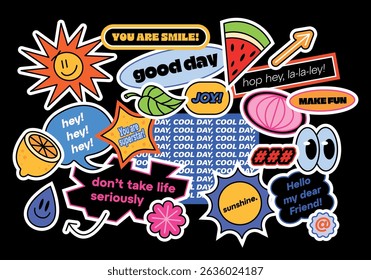 Funny collection of y2k patches, labels, tags, stamps. Stickers with short phrases in retro cartoon style. Groovy vector set, trendy promo labels in 90s hipster grunge funk style. Flat illustrations.