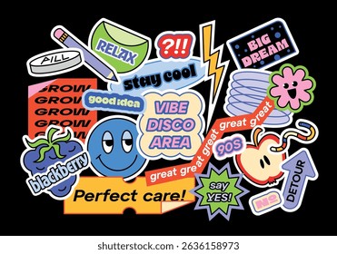 Funny collection of y2k patches, labels, tags, stamps. Stickers with short phrases in retro cartoon style. Groovy vector set, trendy promo labels in 90s hipster grunge funk style. Flat illustrations.