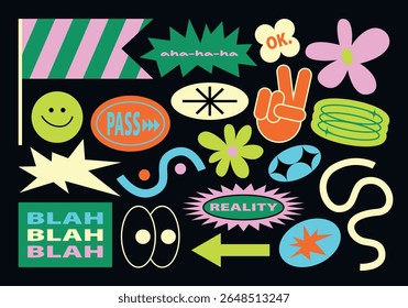 Funny collection of y2k patches, labels, tags, stamps. Stickers with short phrases in retro cartoon style. Groovy vector set, trendy promo labels in 90s hipster grunge funk style. Flat illustrations.