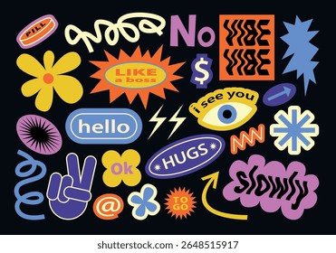 Funny collection of y2k patches, labels, tags, stamps. Stickers with short phrases in retro cartoon style. Groovy vector set, trendy promo labels in 90s hipster grunge funk style. Flat illustrations.