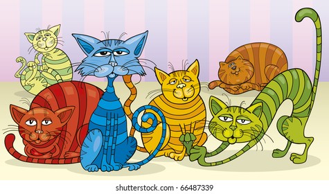 funny color cats group cartoon illustration