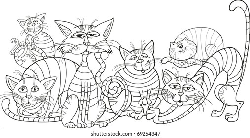 funny color cats group cartoon illustration for coloring book