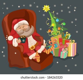 Funny Color Christmas background with Santa Claus resting in chair, retro cartoon holiday illustration, VECTOR