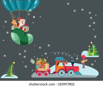 Funny Color Christmas background with a toy train with gifts, snowman and christmas tree, hot air balloon with Santa Claus and deer, retro cartoon illustration, VECTOR