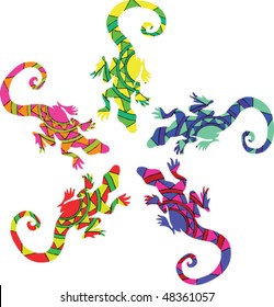 funny color computer vector illustration with five lizards on white background