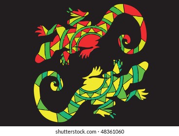funny color computer vector illustration with two lizards on black background
