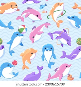 Gracioso delfines de color sin fisuras. Animales marinos de dibujos animados, juguetes y accesorios para espectáculos, mamíferos submarinos entrenados. Decoración textil, envolvimiento de papel, diseño de papel pintado. Fondo vectorial rígido