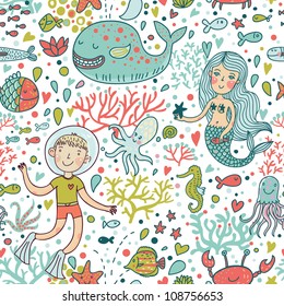 Funny color seamless pattern with sea live