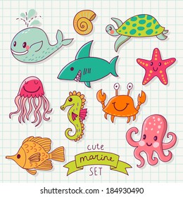 Funny color set with sea live. Cute marine set in vector. Whale, octopus, jellyfish, fishes, seahorse, turtle, starfish and crab in cartoon card