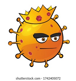 funny color vector picture of orange cartoon coronavirus model in crown with gems and angry face isolated on white background