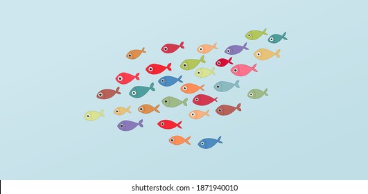 Funny colored bright aquarium fish on a blue background. Fish sketch collection. Hand drawn vector illustration. School of fish vector illustration. Food menu. Hand drawn vector set. Sea and river fish.