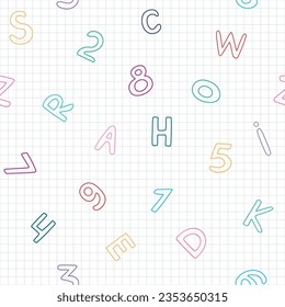 Funny colored doodle drawings, letters, numbers on lined math paper for school or kindergarten. Childish hand-drawn repeating pattern. Back to school