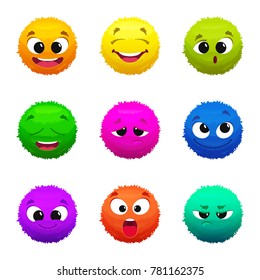 Funny colored furry emoticons. Cartoon characters with different emotions. Furry funny smile mascot collection illustration