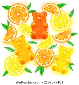 funny colored gummy bears with lemon and orange slices on white background. bright jelly candies of citrus juice. vector illustration.