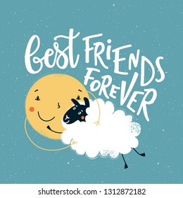 Funny colored illustration with hugging sun and sheep which looks like white cloud. Best friends forever lettering quote. Cute typography poster, greeting card design