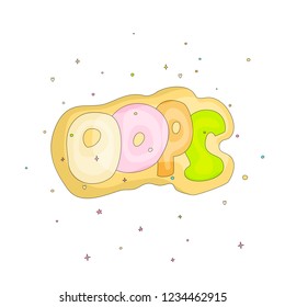Funny colored oops cartoon icon text with decoration background. Cartoon oops icon vector. Text mistake oops draw on white background. Colorful oops cartoon icon.