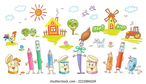 Funny colored pencils, paints, markers and a paint brush drawing a picture.  In cartoon style. Isolated on white background. Vector illustration