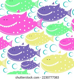 Funny colored sharks in polka dots with teeth. seamless pattern.  Vector illustration