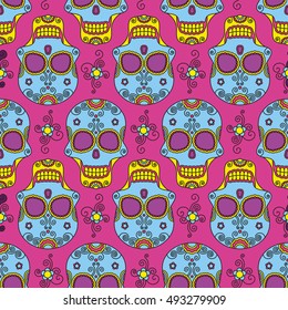 Funny colored skull seamless pattern, dulce muerte, vector illustration